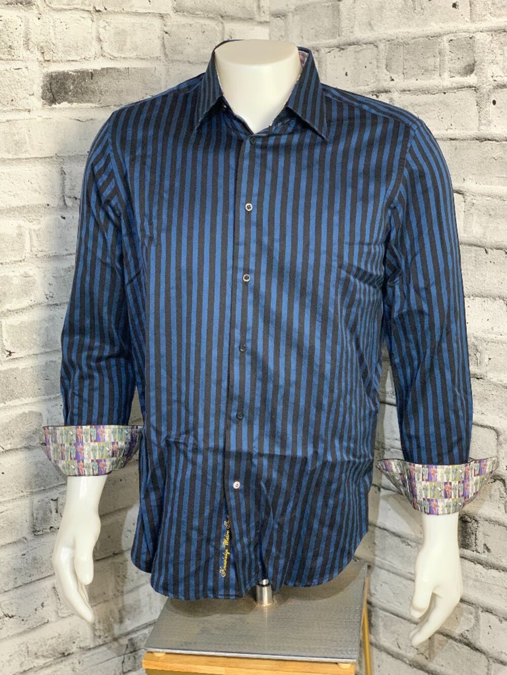 Robert Graham Shirt Mens M/L Blue Black Striped Contrast Flip Cuff Date Night